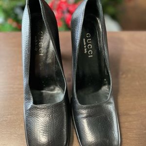 Gucci Black Square Toe Leather Heels 6 1/2
